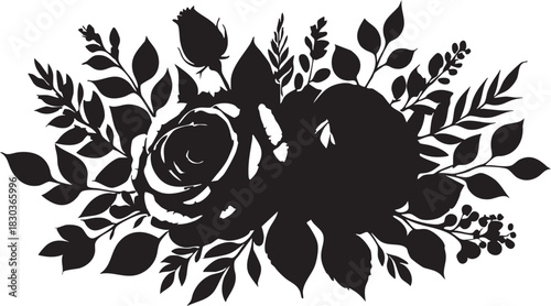 Black and white floral vector illustration: rose flower bouquet clipart eps silhouette