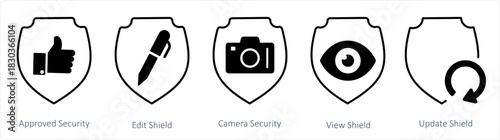 A set of 5 internet icons as approved security, edit shield, camera security