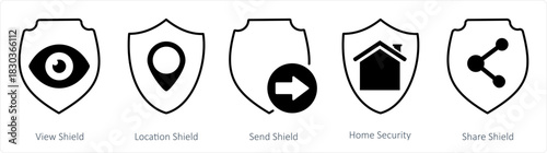 A set of 5 internet icons as view shield, location shield, send shield