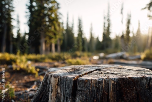Wallpaper Mural Freshly cut tree stump in sharp focus against a soft blurred forest at sunrise. Torontodigital.ca
