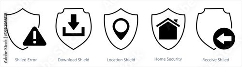 A set of 5 internet icons as shield error, download shield, location shield