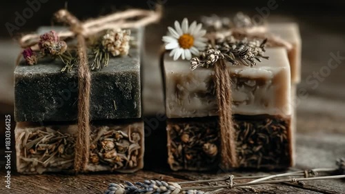 Handmade soap with flowers and herbs arranged on wooden table in natural light
