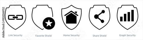 A set of 5 internet icons as link security, favorite shield, home security
