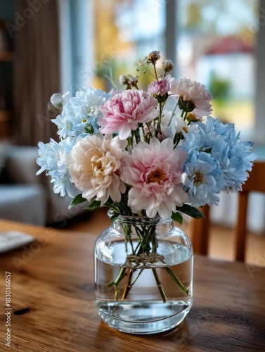 Flowers in a glass vase on a wooden table inside a home with natural light and soft colors