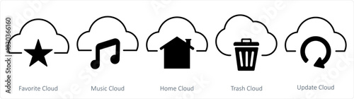 A set of 5 internet icons as favorite cloud, music cloud, home cloud