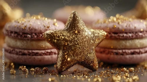 Delicious macaroons with a golden star decoration on a festive table