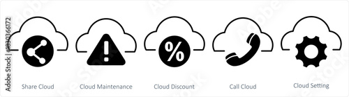 A set of 5 internet icons as share cloud, cloud maintenance, cloud discount