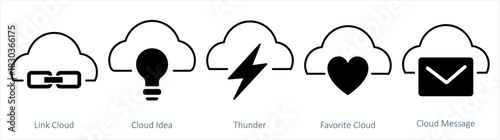A set of 5 internet icons as link cloud, cloud idea, thunder, favorite cloud