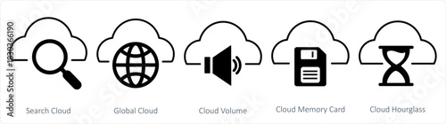 A set of 5 internet icons as search cloud, global cloud, cloud volume
