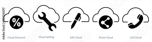 A set of 5 internet icons as cloud discount, cloud setting, edit cloud