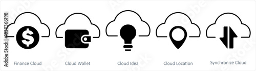 A set of 5 internet icons as finance cloud, cloud wallet, cloud idea