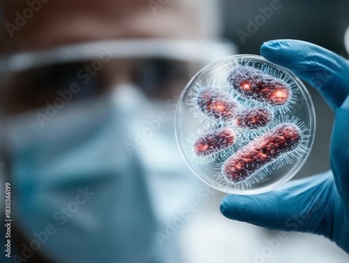 Scientist examines bacteria under a microscope in laboratory setting