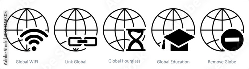 A set of 5 internet icons as global wifi, link global, global hourglass