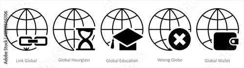 A set of 5 internet icons as link global, global hourglass, global education