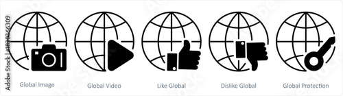 A set of 5 internet icons as global image, global video, like global