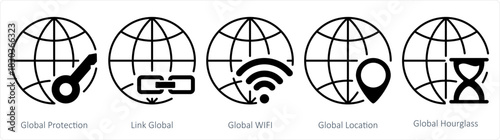 A set of 5 internet icons as global protection, link global, global wifi