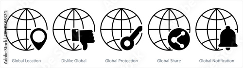 A set of 5 internet icons as global location, dislike global, global protection