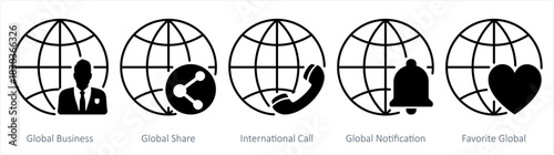 A set of 5 internet icons as global business, global share, international call