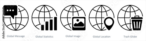 A set of 5 internet icons as global message, global statistics, global image