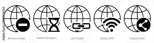 A set of 5 internet icons as remove globe, global hourglass, link global