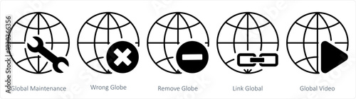 A set of 5 internet icons as global maintenance, wrong globe, remove globe