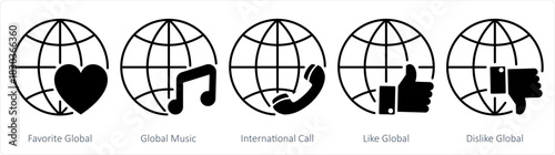 A set of 5 internet icons as favorite global, global music, international call