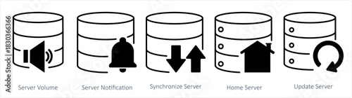 A set of 5 internet icons as server volume, server notification, synchronize server