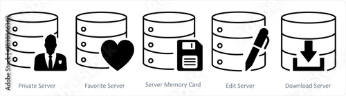 A set of 5 internet icons as private server, favorite server, server memory card