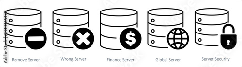 A set of 5 internet icons as remove server, wrong server, finance server