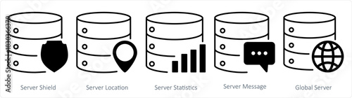 A set of 5 internet icons as server shield, server location, server statistic