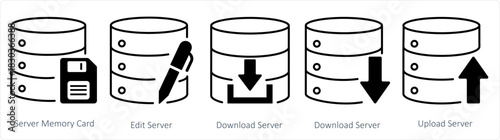 A set of 5 internet icons as server memory card, edit server