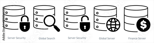 A set of 5 internet icons as server security, global search, global server