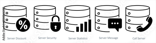 A set of 5 internet icons as server discount, server security, server statistics