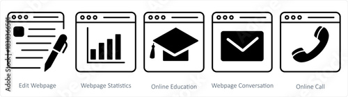 A set of 5 internet icons as edit webpage, webpage statistics, online education