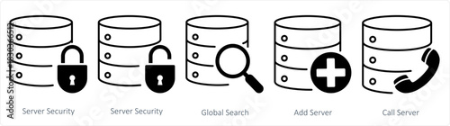 A set of 5 internet icons as server security, global search, add search