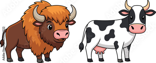 Cute Cartoon Vector Illustration of a Shaggy American Bison or Buffalo Standing Next to a Black and White Dairy Cow