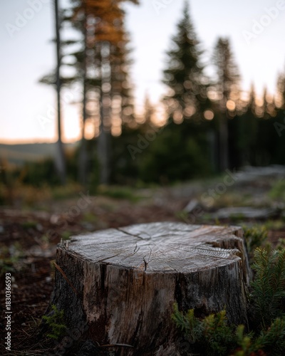 Wallpaper Mural Freshly cut tree stump in sharp focus against a soft blurred forest at sunrise. Torontodigital.ca