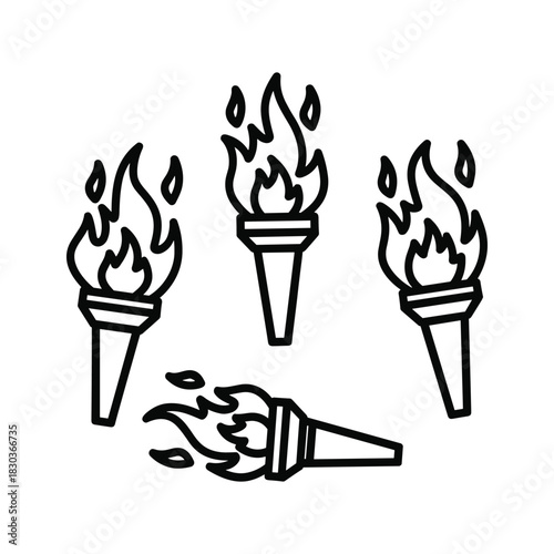 Line art group of burning torches with stylized flames and drops