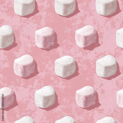 the illustration is made in a painterly technique depicting white and pink marshmallows on a pale pink background, seamless pattern