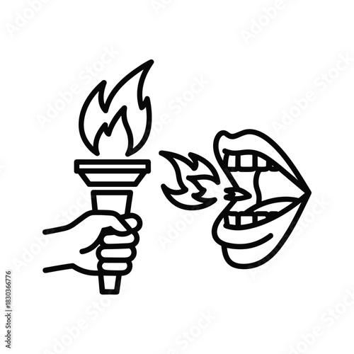 Torch, mouth with fire, representing freedom of speech concept