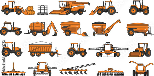 Comprehensive Vector Line Art Collection of Heavy Orange Agricultural Machinery and Farm Equipment, Including Tractors, Harvesters, Cultivators, Sprayers, and Trailers for Modern Farming and Industria