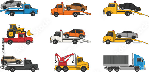 Vector Illustration Set of Tow Trucks and Heavy Hauling Vehicles, Including Flatbed Car Carriers, Wreckers with Cranes, and Large Semi-Trucks, Designed for Transportation and Road Assistance Services
