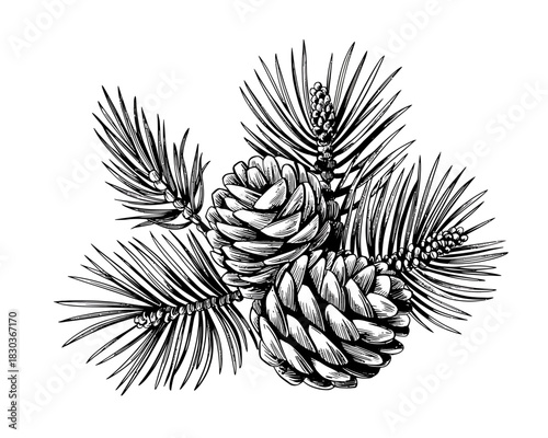 Vintage black and white illustration of pine cones and needles