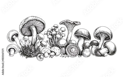 Collection of hand drawn mushrooms in black and white sketch style