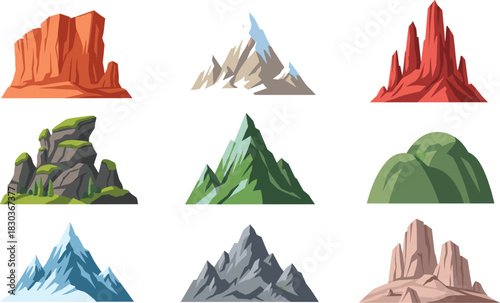 Diverse Vector Set of Cartoon Mountain Peaks, Rocky Formations, and Hills, Showcasing Different Terrains, Colors, and Climates, Including Snowy, Green, and Red Desert Landscapes