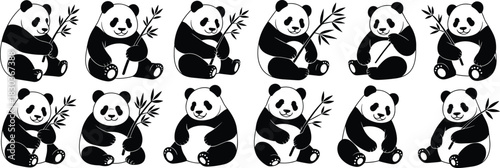 Cartoon panda icon set, bamboo holding pose collection, cute animal graphics, black white vector, cad drawing flat vector illustration