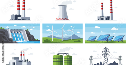 Vector Collection of Energy Production and Power Generation Facilities, Including Coal-Fired Plants, Nuclear Towers, Wind Turbines, Solar Panels, Hydroelectric Dams, and Electrical Transmission Towers