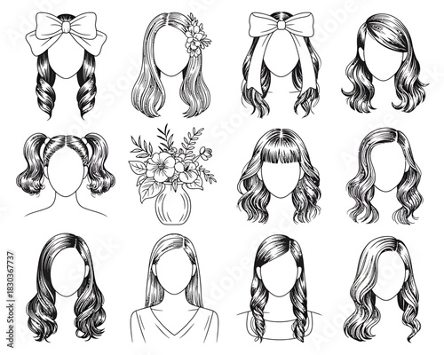 Vintage style woman portrait repeating pattern black and white 