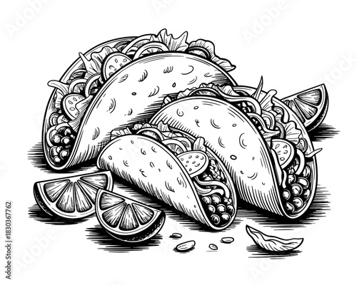 Hand drawn illustration of delicious tacos with lime wedges and seeds