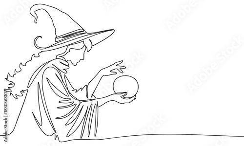 Witch with Crystal Ball - Continuous Line Art